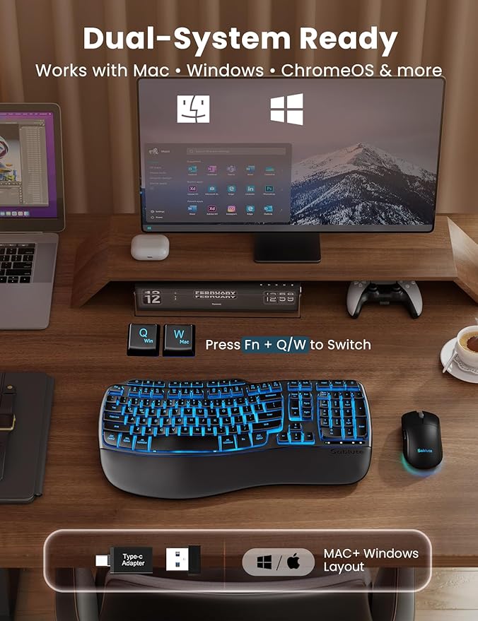 Ergonomic Wireless Keyboard and Mouse Combo, Rechargeable 4000mAh Backlit Keyboard with a Soft, Faux Lambskin Palm Rest, Wave Keys for Natural Typing, Compatible with Windows/Mac/Chromes OS—SABLUTE