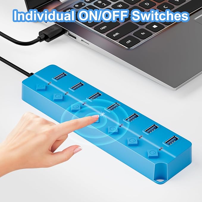 USB Hub 3.0, 7-Port USB Hub Splitter with Individual On/Off Switches and Lights, 3.2ft/1m Long Cable Compatible with MacBook, Laptop, Surface Pro, PS4, PC, Flash Drive, Mobile HDD-Blue