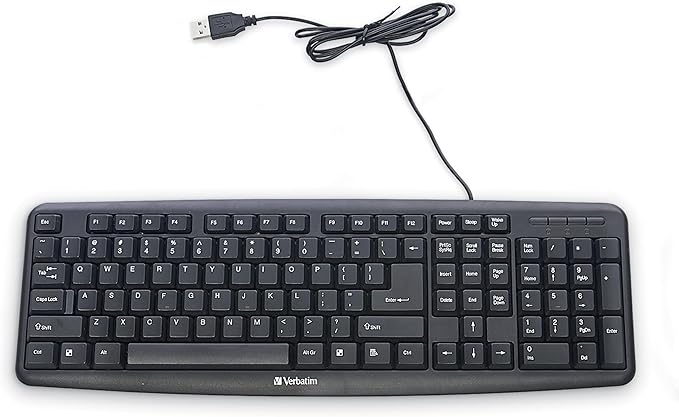 Verbatim Slimline Wired Keyboard USB Plug-and-Play Numeric Keypad Adjustable Tilt Legs Corded Full-Size Computer Keyboard Compatible with PC, Laptop - Frustration Free Packaging Black 99201
