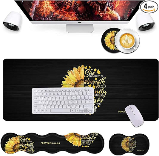 Keyboard Wrist Rest and Mouse Pad Wrist Support Set,Ergonomic Memory Foam Wrist Pad & Non Slip Base for Home Office Working Studying Easy Typing,Quote Bible Verse Proverbs 31:25