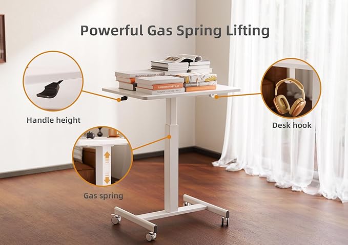 Claiks Mobile Standing Desk, Small Rolling Workstation with Wheels, Pneumatic Laptop Desk for Home Office with Hook, White
