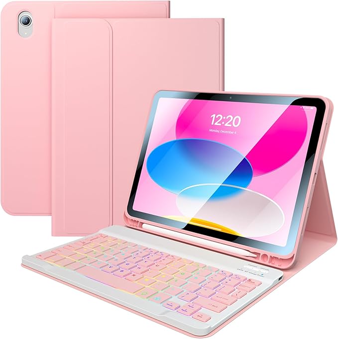 for iPad 11th 10th Generation Case with Keyboard 10.9 Inch 7Color Backlit Detachable Wireless BT Keyboard Folio Protective Case with Pen Holder for New iPad 10th Generation 2022 (Pink)