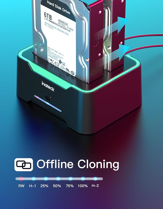 Inateck RGB SATA to USB 3.0 Hard Drive Docking Station with Offline Clone, for 2.5 and 3.5 Inch SATA HDD and SSD, Supports UASP, SA02004 Black