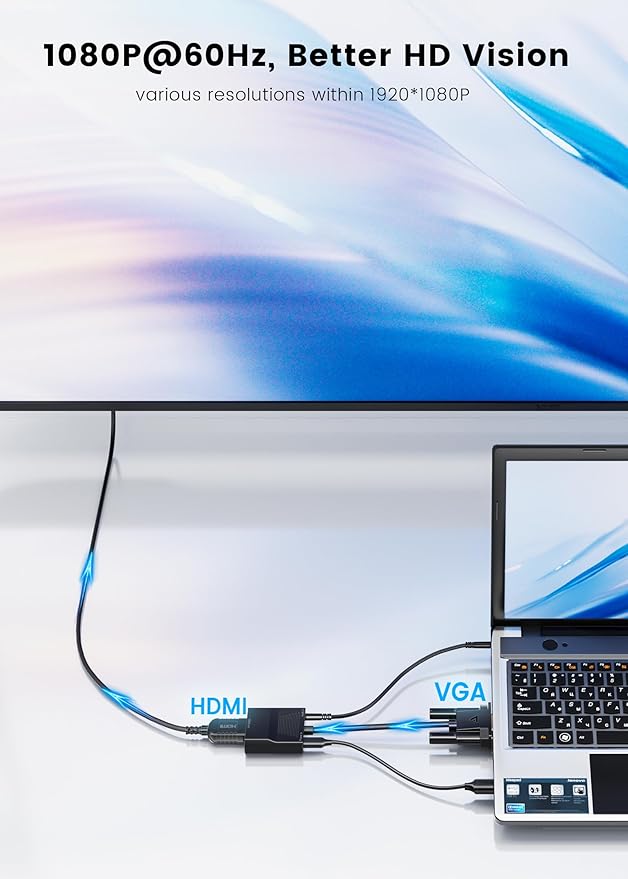 FOINNEX VGA to HDMI Adapter, 1080P Converter with USB Audio from Old Computer/Laptop/Desktop/PC VGA Source to HDMI HDTV/Monitor/Projector/Displayer, 1.5FT