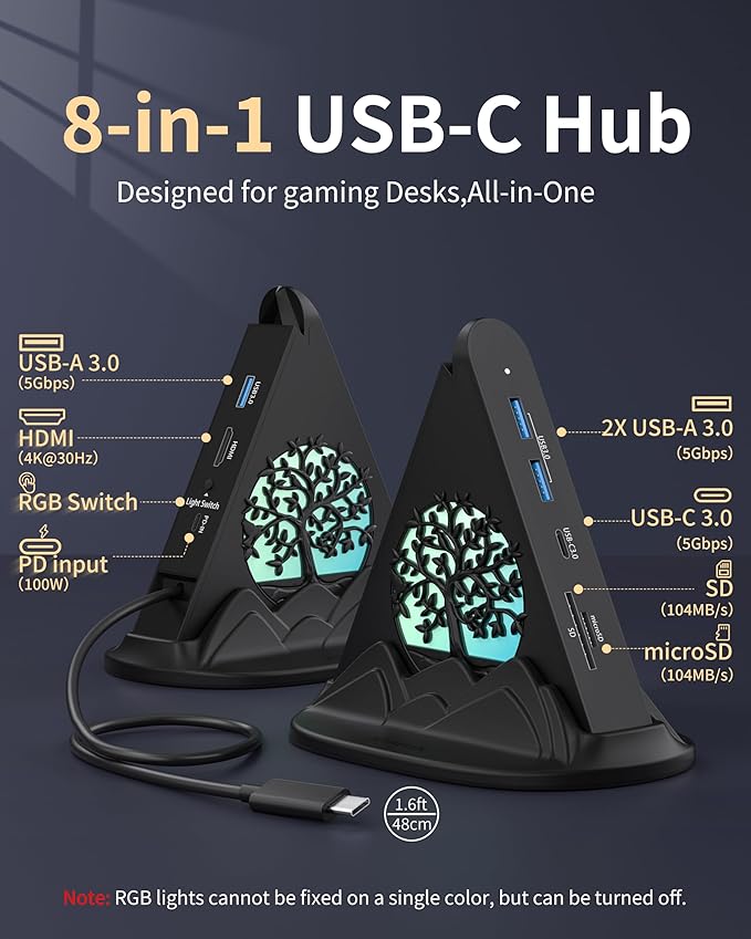 USB C Hub, 8 in 1 USB C Hub Multiport Adapter with 4K HDMI, PD 100W, 5Gbps Type C 3.0, 3xUSB A 3.0, SD/TF Card Reader. RGB USB Hub for MacBook Air/Pro, HP, Laptop, PC, Switch, PS5(Tree)