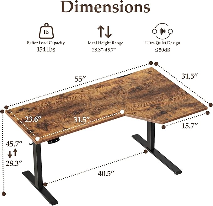Klicelor 55 Inch L Shaped Standing Desk, Adjustable Height Corner Desk for Home Office Workstation, Sit Stand Desk with Two-Piece Desktop, Rustic Brown