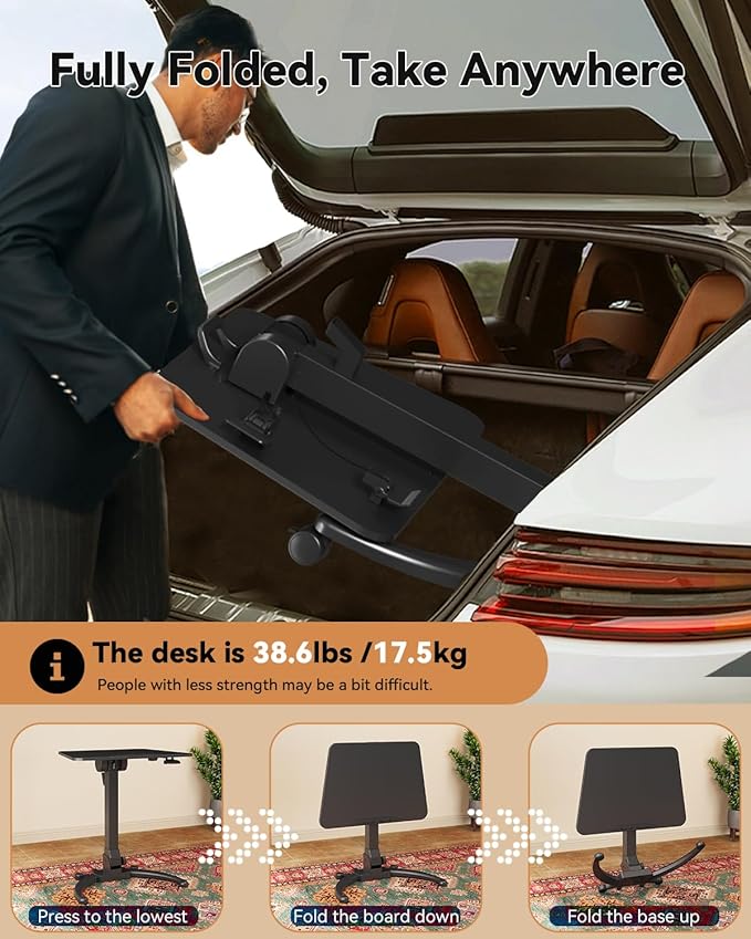 JOY worker Foldable Mobile Standing Desk, Upgraded Height Adjustable Rolling Desk, Max Height 47.6", 90° Tiltable Board & Base, Portable Workstation with Moveable Wheels, Holds Up to 22lbs, Black