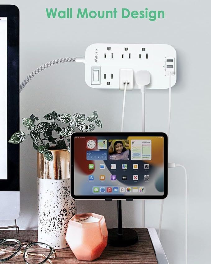 Extension Cord 10 FT, Mifaso Long Flat Plug Power Strip, 6 Outlets 3 USB A Ports Outlet Extender, Wall Mount, Desktop Charging Station for Home, Office and Dorm Essential