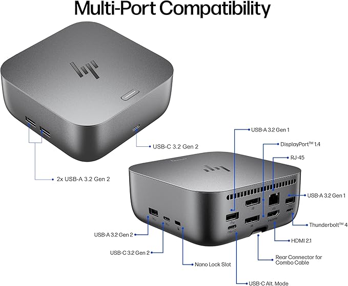 HP Thunderbolt 4 Ultra 180W G6 Dock (9X481UT), 13-in-1 USB-C Docking Station with Max 180W Charging, 4X 4K Displays, 3-Yr Warranty, RJ45, HDMI, 7 USB Ports, 2X DisplayPort for Laptop, MacOS, ChromeOS