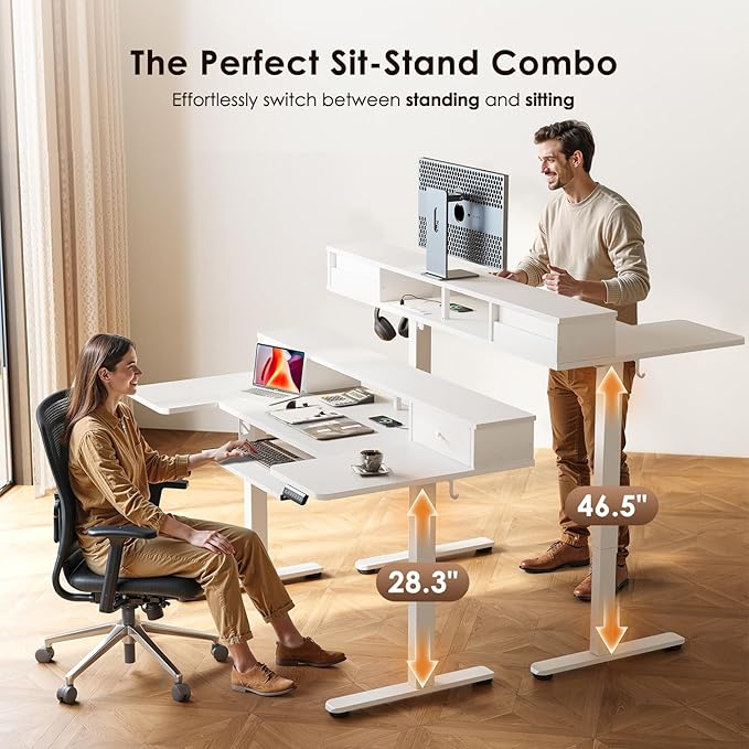 OffiGo U Shaped Electric Standing Desk with Drawers, 55 Inch Height Adjustable Desk with Keyboard Tray ＆ Ergonomic Monitor Stand, Sit Stand Table with Power Outlets for Home, Office, White