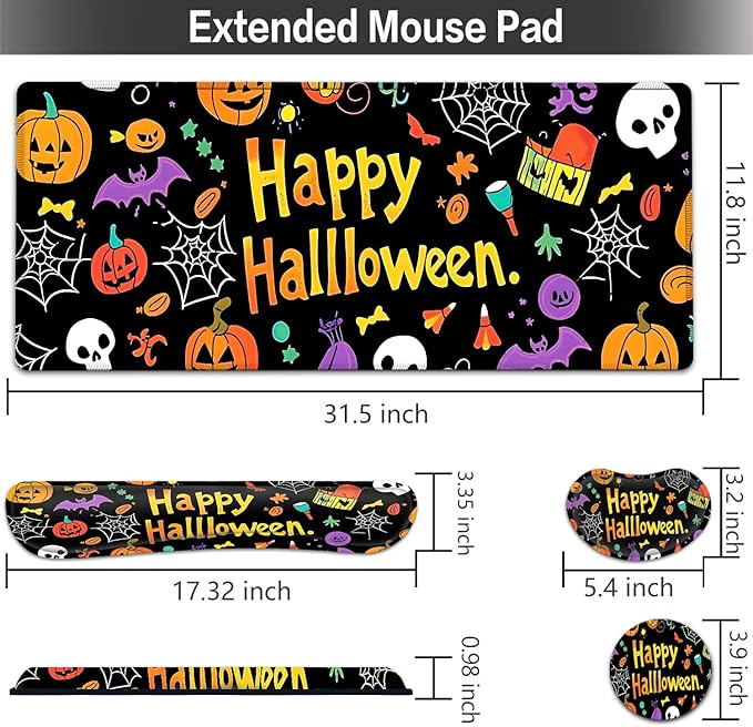 Large Mouse pad and Keyboard Support Set, Ergonomic Memory Foam Keyboard Wrist Rest, Extended Gaming Mouse Pad with Stitched Edges, Halloween Skull Bat XXL Desk Mat (31.5 X 11.8 in)