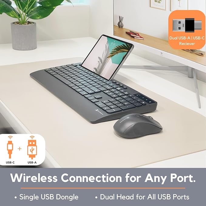 X9 Wireless USB-C Keyboard and Mouse Combo - Dual Port Compatibility (USB C + A) - Versatile Mouse Keyboard Combo Wireless w/ 8" Phone Stand and 113 Keys