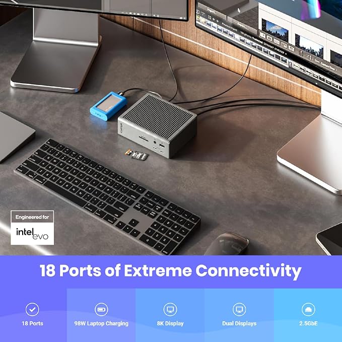 CalDigit TS4, 18-in-1 Thunderbolt 4 Docking Station, 98W Charging, 3* TBT4 (40Gb/s), 3* USB-C + 5* USB-A (10Gb/s), 2.5GbE LAN, 1*8K@30Hz or 2*6K@60Hz Displays, Mac/Windows/Chrome, 0.8m Certified Cable