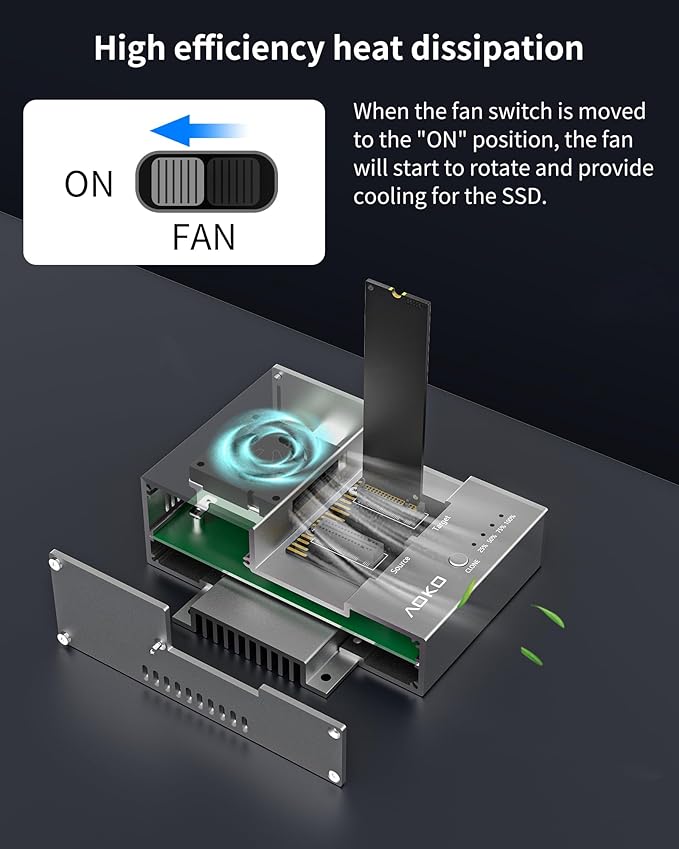 AOKO M.2 NVMe/SATA SSD Cloner with Cooling Fan，USB-C 10Gbps NVMe Clone Docking Station,SSD to USB Adapter&Reader,PCIE NVMe/NGFF Duplicator Supports Offline Clone, UASP and Trim