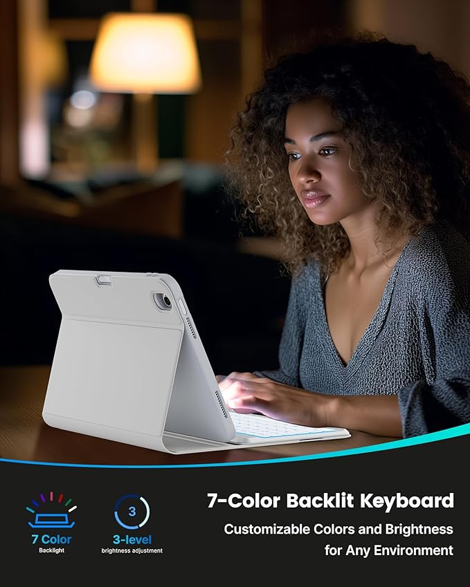 typecase Folio Keyboard Case for iPad 10th Gen 10.9 inch (2022) and iPad 11th (A16, 2025), Magnetic Wireless Detachable Keyboard, 7-Color Backlight, Thin & Light, Pencil Holder – Gray