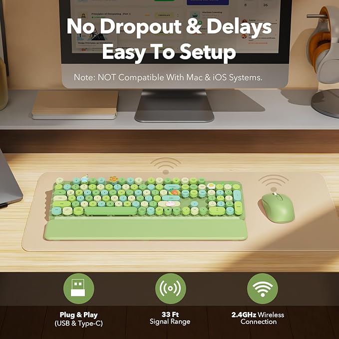 Wireless Keyboard and Mouse Combo, Cute Retro Typewriter Keyboard with Round Keycaps and Magnetic Wrist Rest, Full-Size 2.4GHz Cordless for Mac, Windows PC, Laptop, SABLUTE CK23, Green Multi-Color