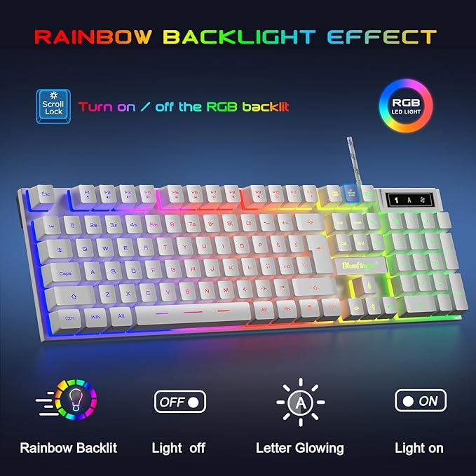 BlueFinger RGB Gaming Keyboard and Backlit Mouse and Headset Combo, USB Wired Backlit Keyboard, LED Gaming Mouse Set, Headset with Microphone for Laptop PC Computer Game and Work, White