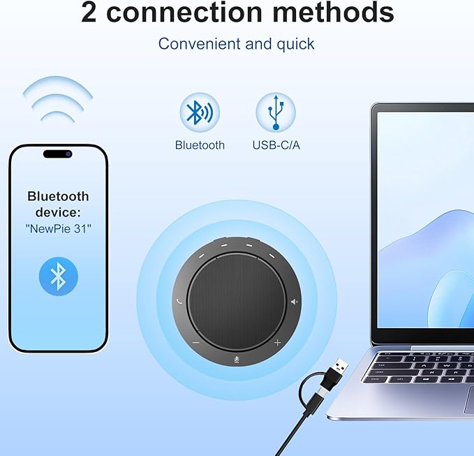 Conference Speaker and Microphone, Dual AI Mics with 360° Voice Pickup & Clear Sound, 10–14H Call Time, Bluetooth & USB-C/A Connection, Speakerphone for 1–6 People, Small Teams & Home Office