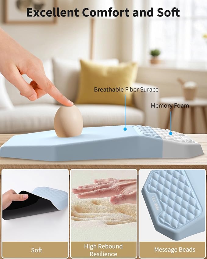 Ergonomic Mouse Pad Wrist Rest Support, Massage Design Surface for Carpal Tunnel Pain Relief, Memory Foam, Non-Slip PU Base for Computer Desk, Sky Blue