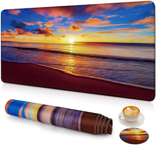Large Gaming Mouse Pad with Coaster, Desk Matt for Desktop, Desk Pad, Mouse Pads Mat, Stitched Edges Big Extended Mousepad for Computer Keyboard Laptop Office Decor, 31.5'' x15.6''-Sunset Beach