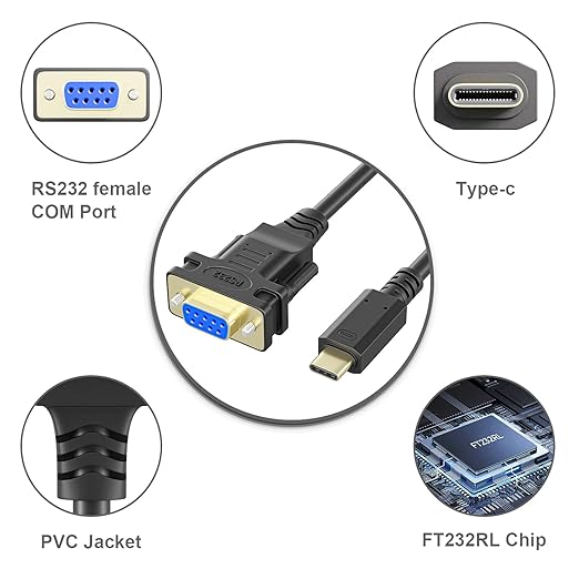 USB-C to Serial Adapter, 6FT RS232 DB9 Female Converter Cable, FTDI Chip, Compatible with Windows, Mac, Linux, Type C Device, Industrial Applications, Data Communication