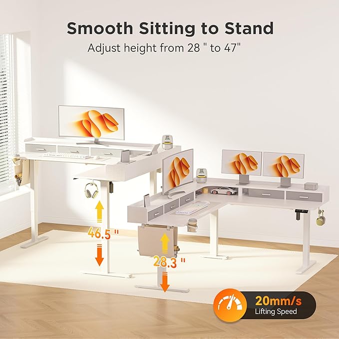 75 Inches Height Adjustable L Shaped Standing Desk with 5 Drawers and Monitor Shelf, Electric Sit to Stand Home Office Comupter Table, Ergonomic Corner Gaming Desk, White