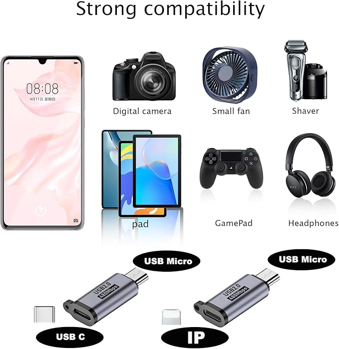 USB C to Micro Adapter, IP to USB C, and Type-C to USB A Adapter, (9 Pieces)，Supports Fast Charging up and Supports a Data Transfer 。