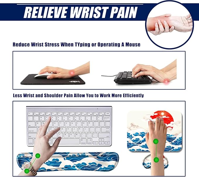 Sea Wave Mouse Pad with Wrist Support Japanese Memory Foam Keyboard Wrist Rest Ergonomic Mousepad Carpal Tunnel Typing Pain Relief Non-Slip Base Wrist Pad for Mouse Computer Women