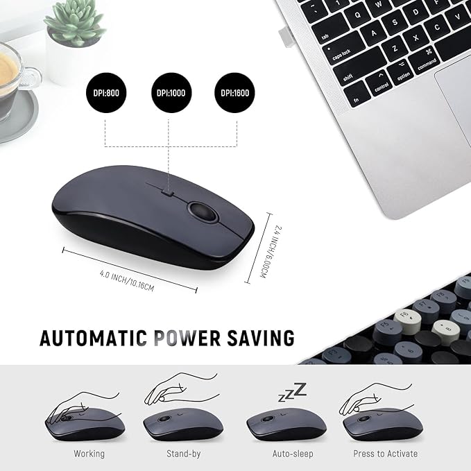 Wireless Keyboard and Mouse Combo, Retro Typewriter Style Bubble Keyboard with Round Keycaps, 2.4GHz Full Size Mixed Color Aesthetic Keyboards and 3 DPI Mouse Set for PC Laptop Desktop - Black Grey