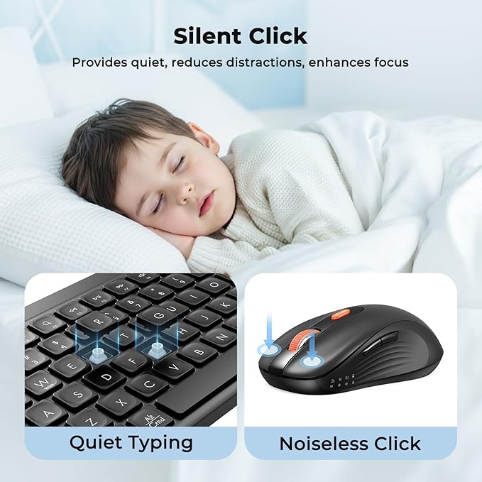 Bluetooth Keyboard and Mouse, 2.4G + Dual Bluetooth Multi Device, Full Size Silent Ergonomic Keyboard with 4 Level DPI Adjustable Wireless Mouse for Windows, Mac OS Desktop/Laptop/PC