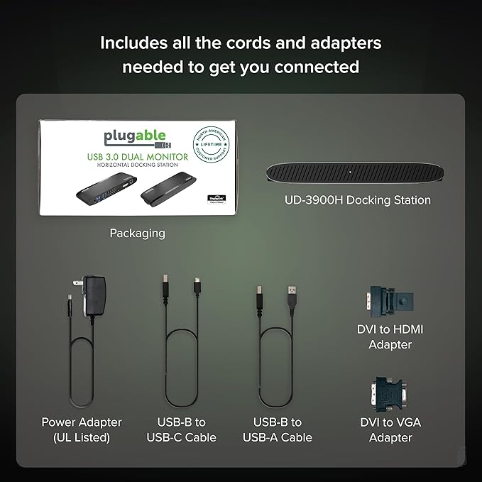Plugable USB 3.0 Universal Docking Station for Windows, macOS, ChromeOS (Dual HDMI Monitors or DVI/VGA, Gigabit Ethernet, Audio, 6 USB Ports)