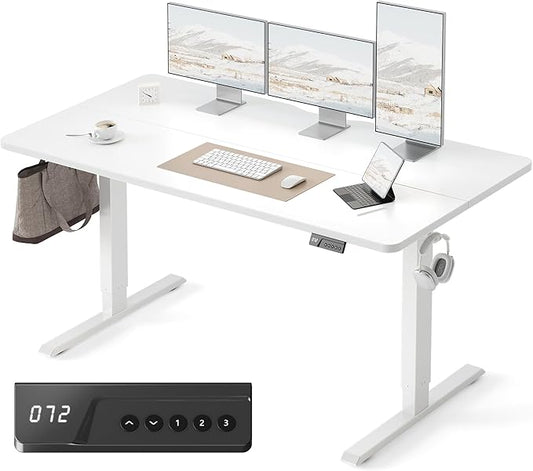 FEZIBO Standing Desk, 63×28 Inches Electric Height Adjustable, Sit Stand Up, Computer Office Desk with Splice Board, While Frame/While TOP
