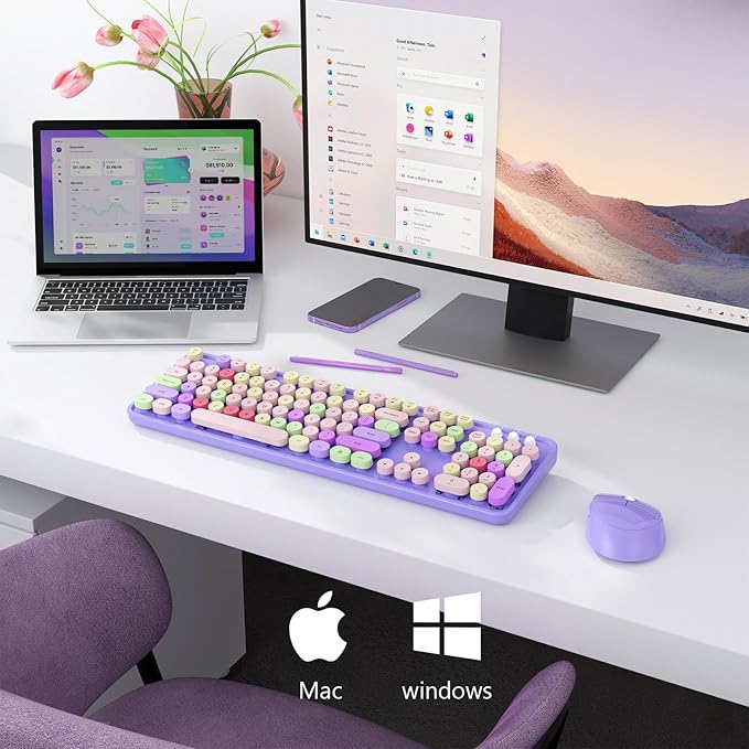 Wireless Keyboard and Mouse Combo, MOFII Full-Size Retro Round Keyboard and Mouse, 2.4 GHz Wireless, Plug and Play, 8 Multimedia & Shortcut Keysfor Mac, Windows, Laptop/Desktop/PC (Purple)