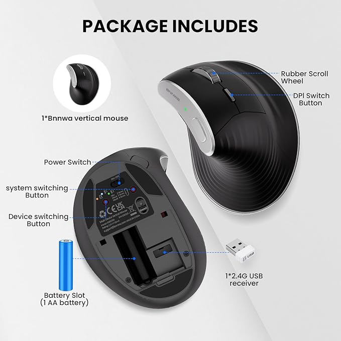 Wireless Vertical Ergonomic Optical Mouse 2.4G Bluetooth Wireless Vertical Mouse 4 Adjustable 1000/1600 / 2400/3200 DPI Wireless Mouse Compatible with Windows, Mac OS, Laptop, PC- Black