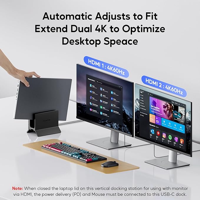 USB C Laptop Docking Station Dual Monitor, 11 in 1 Vertical Dock with 2 HDMI 4K, 3 USB A/C 10Gbps, 2USB-A 5Gbps, USB A 2.0, Ethernet, Docking Station Stand for Type-C Laptops - Black