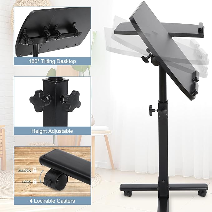 F2C Portable Adjustable Height 360° Swivel Laptop Desk PC Computer Mobile Notebook Laptop Stand Rolling Table Desk Cart Tiltable with Wheels Casters& Mouse Pad Table