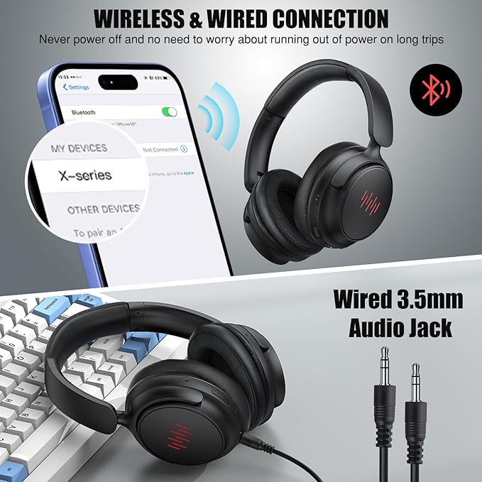 ANC Wireless Headphones with Case, Active Noise Canceling Over Ear Bluetooth Headset with Mic, Deep Bass Lightweight Cordless Headphone for iPhone 17 Air 16 Pro Max S26 S25 Travel Home Office TV
