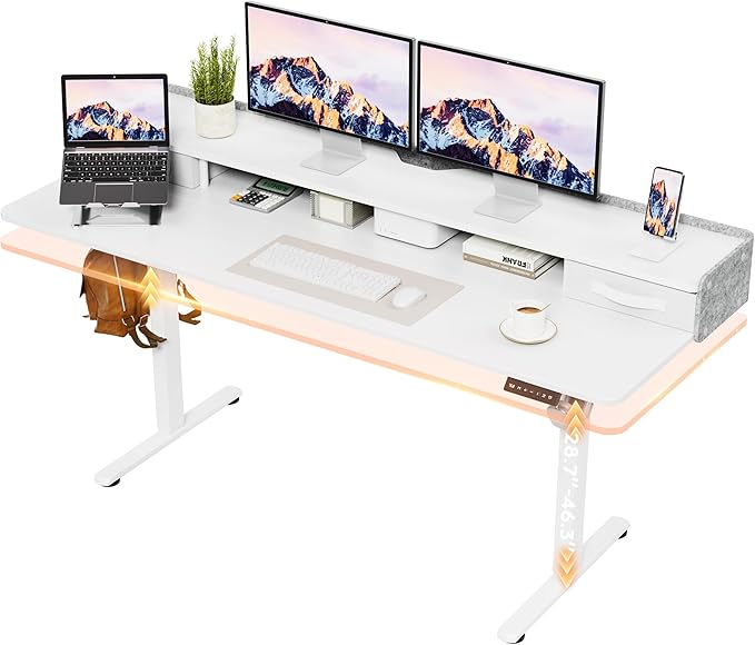 Furmax Electric Standing Desk with Drawers, Stand Up Desk with Storage Shelf Height Adjustable Computer Desk with Organizer for Home Office Ergonomic(White, 63 Inch)