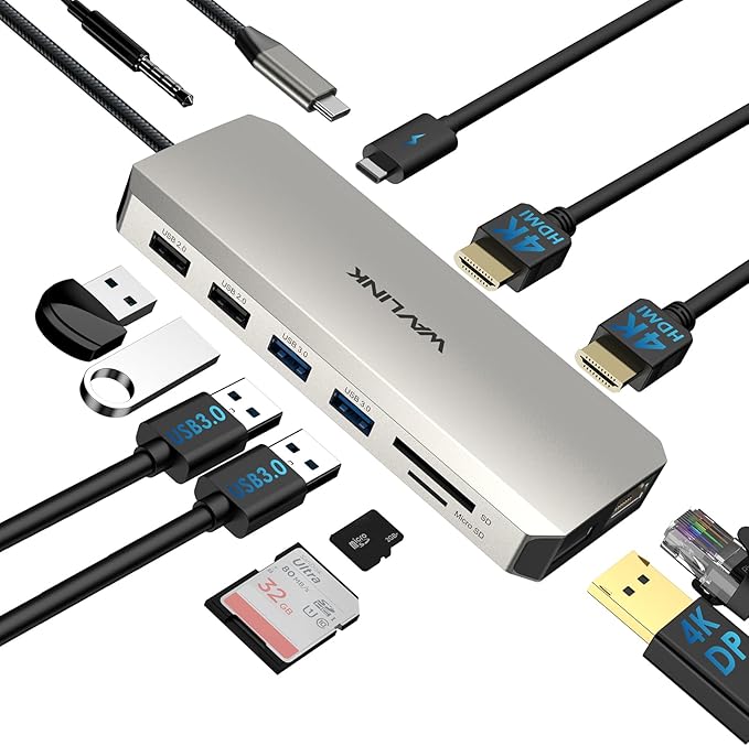 WAVLINK USB C Laptop Docking Station Triple Dual Monitor for Dell/Lenovo/HP/XPS, USB-C Hub Multiport Adapter Dongle Dock, 2 HDMI, DisplayPort, Ethernet, 85W Power Delivery, SD Card Reader, Audio