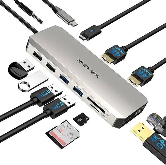 WAVLINK USB C Laptop Docking Station Triple Dual Monitor for Dell/Lenovo/HP/XPS, USB-C Hub Multiport Adapter Dongle Dock, 2 HDMI, DisplayPort, Ethernet, 85W Power Delivery, SD Card Reader, Audio