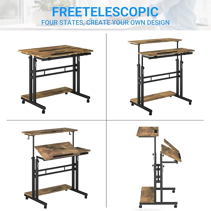 Mobile Standing Desk, Adjustable Rolling Computer Desk with 3 Desktops, Portable Laptop Table with Cup Holder, Home Office Laptop Workstation on Lockable Wheels, Black, Rustic Brown
