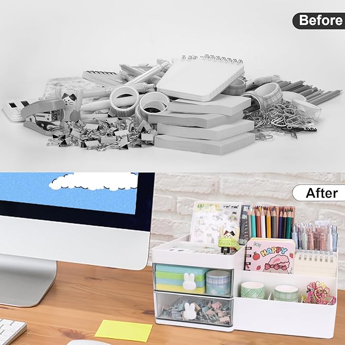 Desk Organizer, Makeup Organizer with 2 Drawer, 7 Compartment & a Top Tray, Desktop Organizers and Storage for Women, Cute Home organization Bathroom, 11" x 5.7" x 4.7" (White)