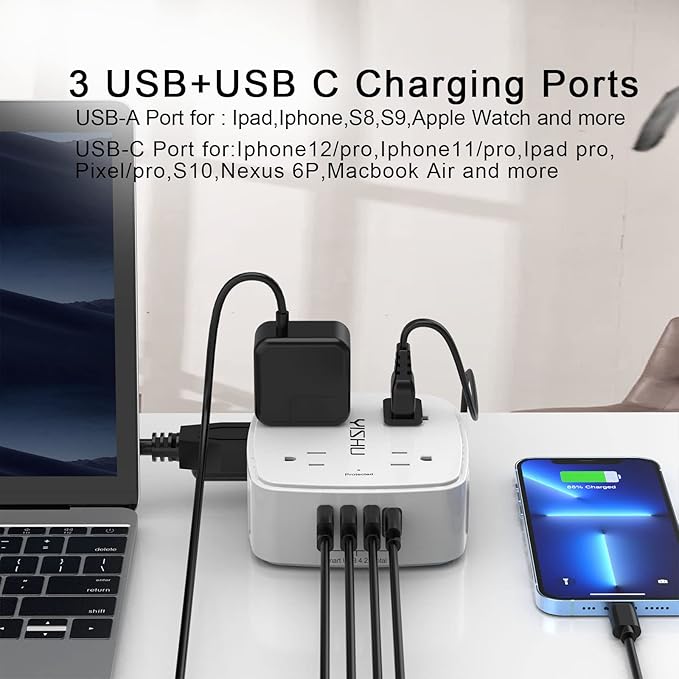 5Ft Surge Protector Power Strip - 8 Widely Outlets with 4 USB Ports, 3 Side Outlet Extender with 5 Feet Extension Cord, Flat Plug, Wall Mount, Desk USB Charging Station, ETL,White