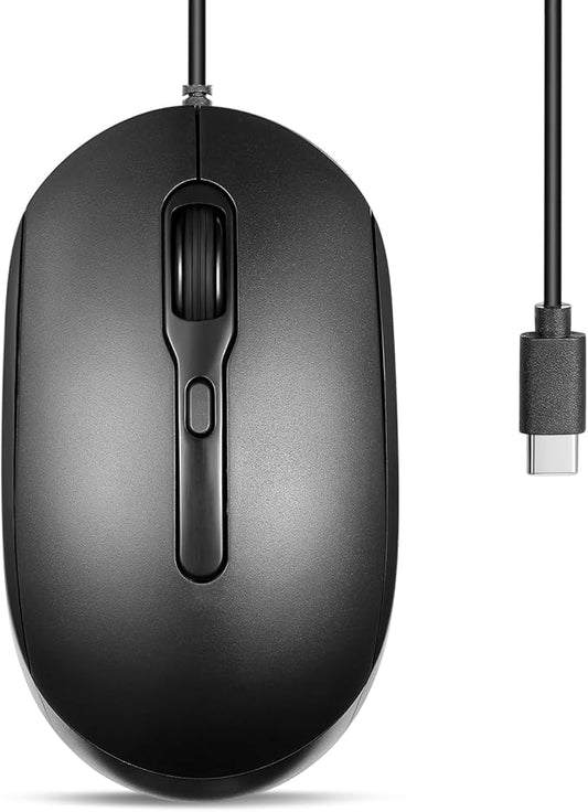 Perixx PERIMICE-222C USB Type C Wired Optical Mouse, 5.9 Ft Cable, Adjustable 1200/1600/2000 DPI, Silent Click, Ambidextrous, Black