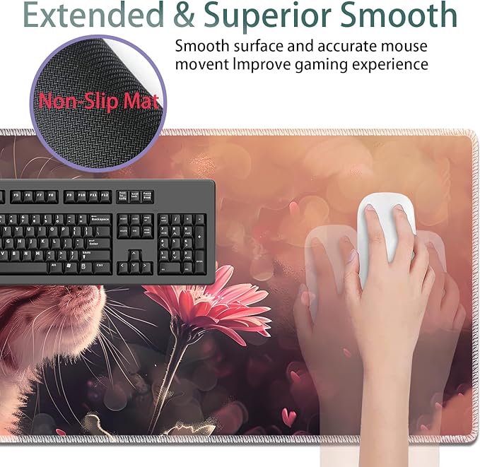 Large Gaming Mouse Pad + Keyboard Wrist Rest + Wrist Support + Coaster Set, Memory Foam Ergonomic for Easy Typing, XXL Extended Gaming Mouse Pad Table Pad - Kitten Daisy