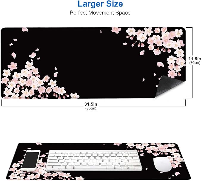 IMAYONDIA Sakura Japanese Desk Mat, Cherry Blossom Large Gaming Mouse Pad, Black Elegant Floral Mousepad for Women, Minimalistic Flower Aesthetic Desk Pad for Work, Game, Office, 31.5x11.8