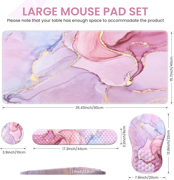 Pink Desk Mat, Large Mouse Pad with Wrist Rest, Ergonomic Keyboard Wrist Support, Carpal Tunnel Mousepad XXL Cushion with Coaster Set, Computer Keyboard Mat, Pink Marble