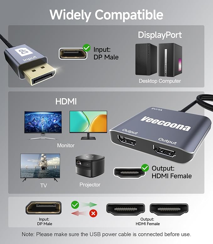 DisplayPort to Dual HDMI Adapter 1 in 2 Out | 4K60Hz, DP Source to HDMI Splitter Extended Display port splitter for Dual monitors, for Desktop,Laptop,NVIDIA, AMD Graphics Card - MACOS Not Support MST