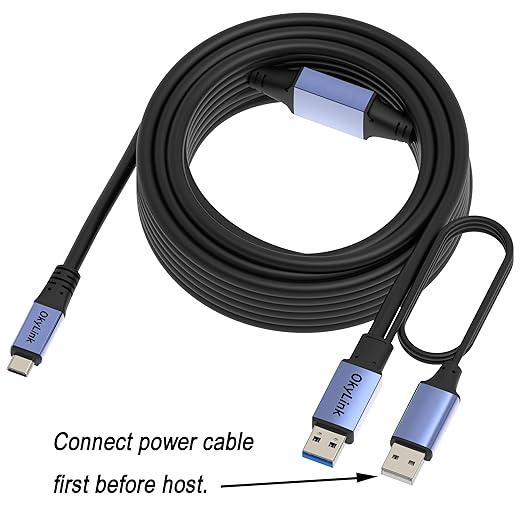 OkyLink Active USB 3.0/3.2 Gen1 A to C Data Cable 50ft/15M – High-Speed 5Gbps, Signal Booster, Optional Power, Long-Distance Cable for VR, External Storage, Docking Station, Printer