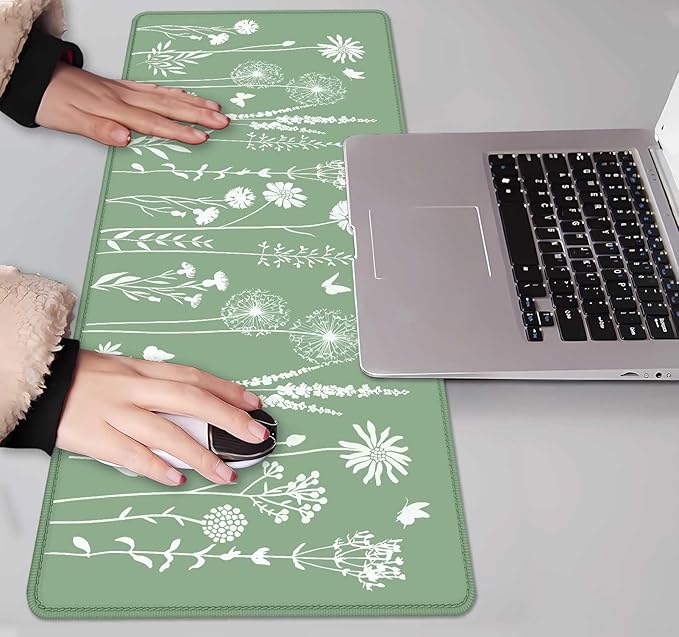 IMAYONDIA Cute Sage Green Desk Mats Mousepad, Plant Floral Anime Deskmat, Aesthetic Desk Pad, Minimalist Mint White Leaves Large Gaming Mouse Pad, Decor Accessories, 31.5 X 11.8